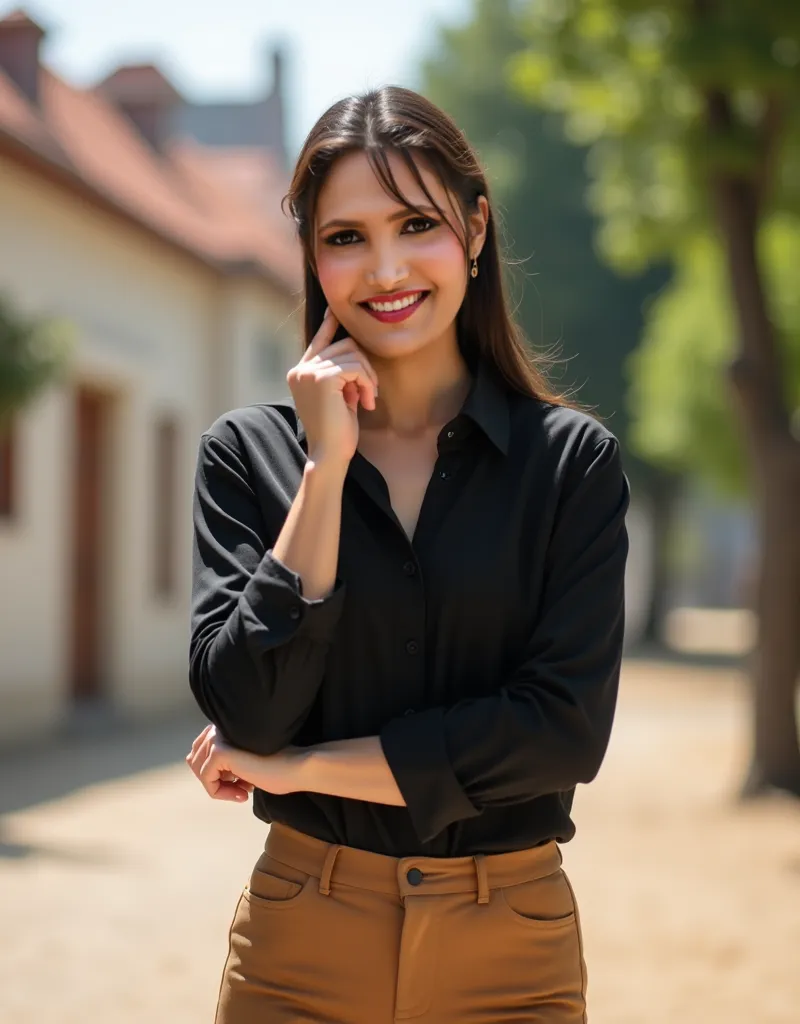 Full-length shot of a 30-year-old woman standing outdoors. The woman is light-skinned with long, dark brown hair that is slicked back over her face. She is wearing a black button-down shirt and tan pants that appear to fit her body or are fitted. Her expre...