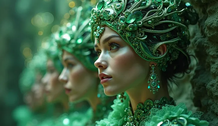 Goddess of green crowns and jewels, highly technologically advanced and cybernetically enhanced. High Definition, Masterpiece, Award Winning, Best Quality, High Detail, High Quality, UHD, Optical Illusion, Impressionist, Art Deco, Cinematic, Cinematography...