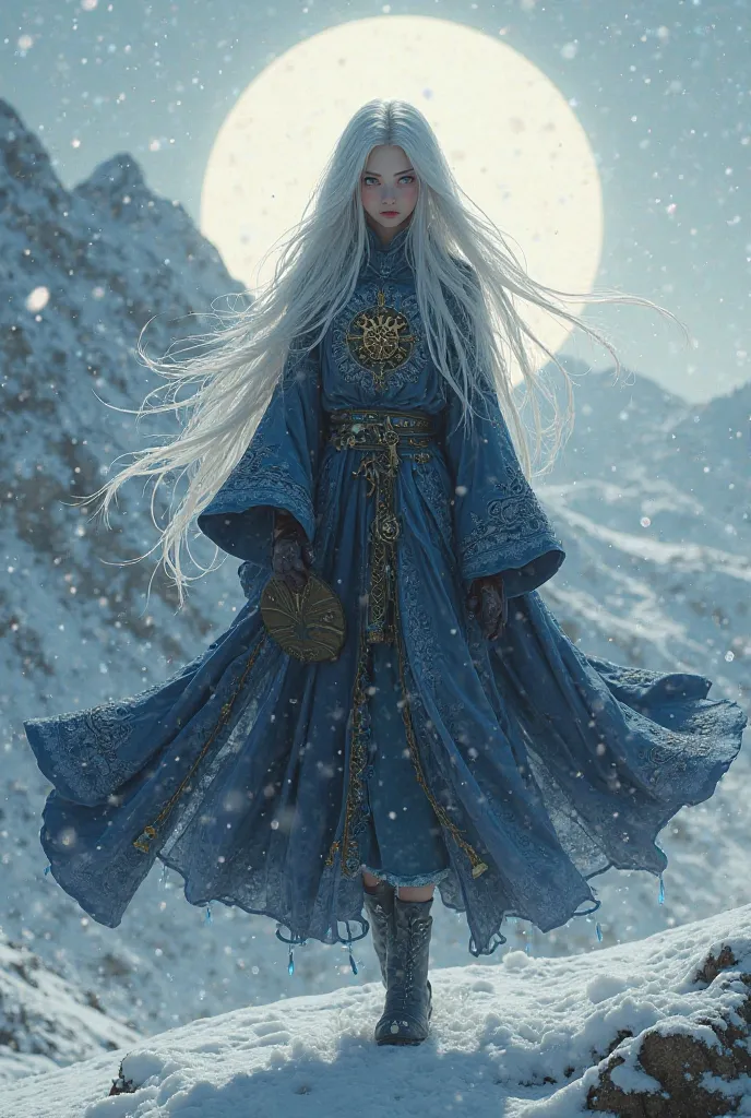 （Full Body Image），（ Suspended in the Air ），girl with long white hair，huge hood casts shadows，Expose your right eye（black pupils shimmer），left face covered by a hood，Heterochromia，wearing a complicated shaman robe embroidered with a star star pattern，ice cr...