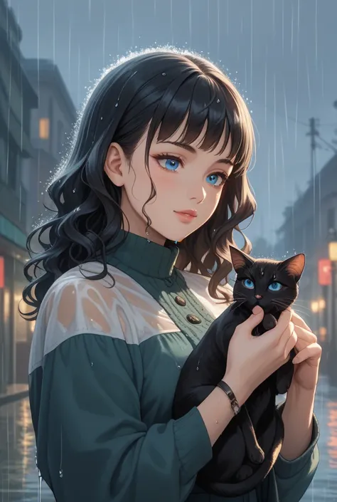 Anime Girl, 26 years old, black hair, wavy hair, fringe, blue eyes, little curvy body, under the rain, carrying a cat in her arms