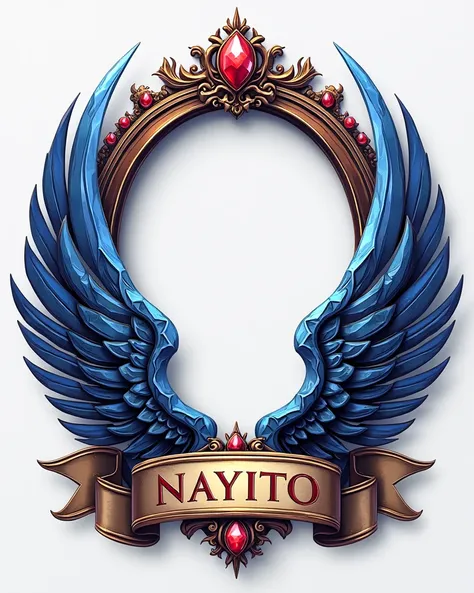 make an Elegant Game tinny Avatar Frame with Shiny Metal Wing, blue and red tones, the middle of the circle have to be empty for a photo, png transparent background And some colorful gemstones, and a banner with the name “NAYITO”