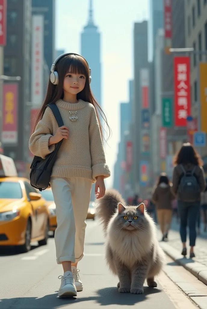 (photorealism:1.2), beautiful japaneese girl 10yo, walks with her gigantic angora cat(grey) in newyork city, wearing keropy sweater, white pants, school slingbag, head phones, white nike sneakers, kpop stylish, long  hair, relaxed pose, realistic, intricat...