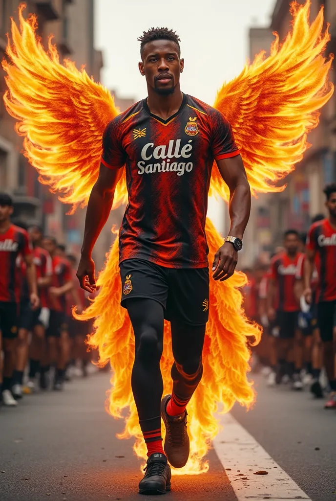 athlete parading in red and blue, black pants.  The name of the team is “Calle Santiago”, uniform with realistic phoenix birds voting fire behind parading next to him