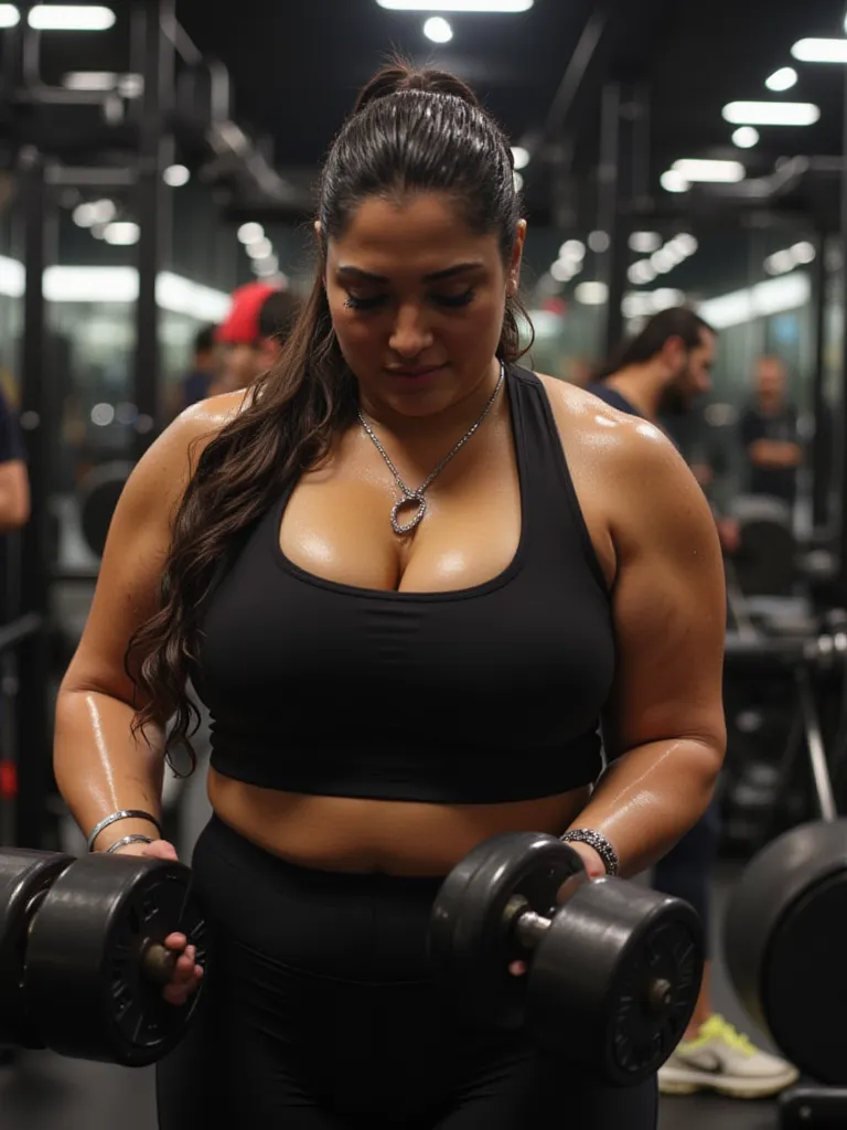 A 27 years old ,matured,american white woman with a large-sized, full figured fitted body shape, ivory white round-shaped face.

She and her husband. She exercises in the Bigg Boss gym, lifting weights in a tight gym crop top and leggings. Sweat glistens o...