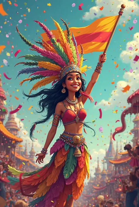  Cartoon of an indigenous woman with a headdress, Carnival flag holder. Confetti and serpentine around. 