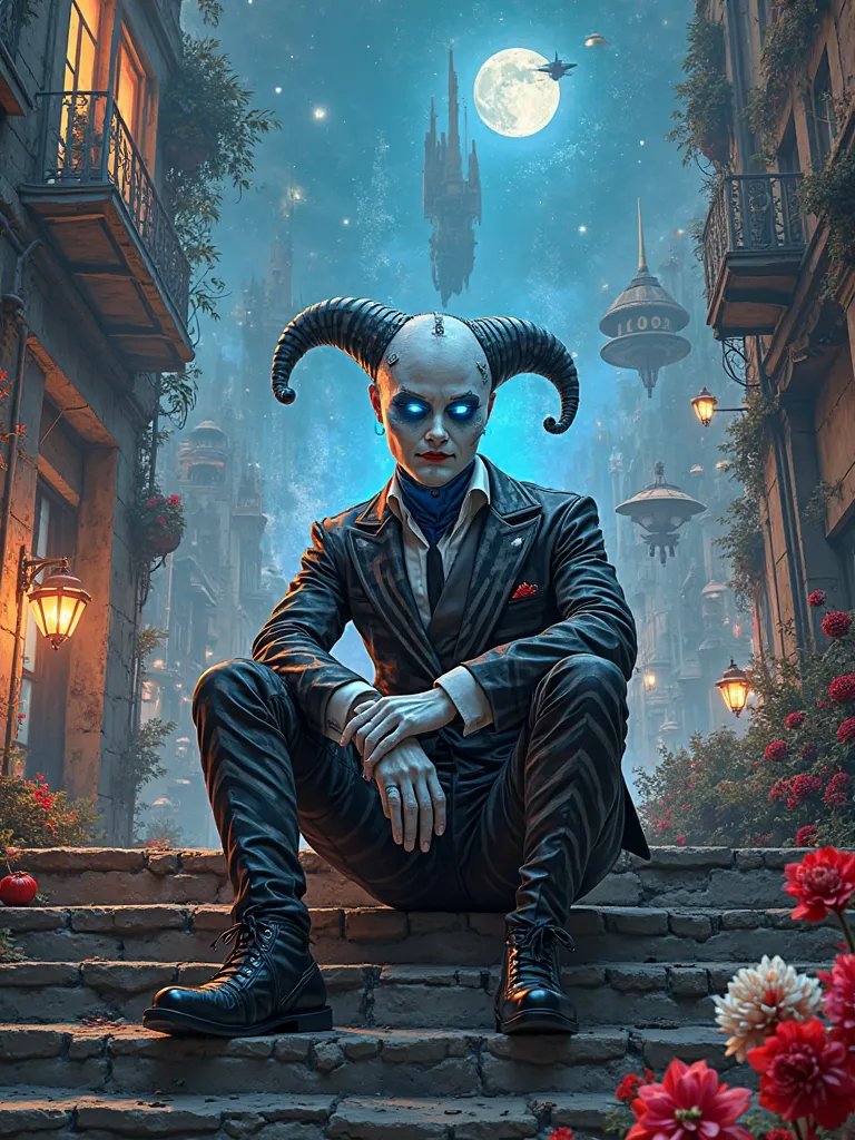 A mesmerizing fusion of artistic styles and themes brings to life a dark yet vibrant world, where fantasy, technology, and urban energy collide. At the heart of the composition, a mysterious harlequin figure sits confidently on the steps, clad in a strikin...