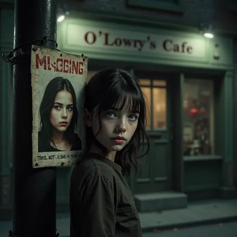 In the foreground is a missing person poster on a telephone pole that says Chasing Shadows. . It is a young girl with dark brown hair and green eyes. In the background, the girl is standing in front of a cafe with the words "O'Lowrey's" above the cafe door...