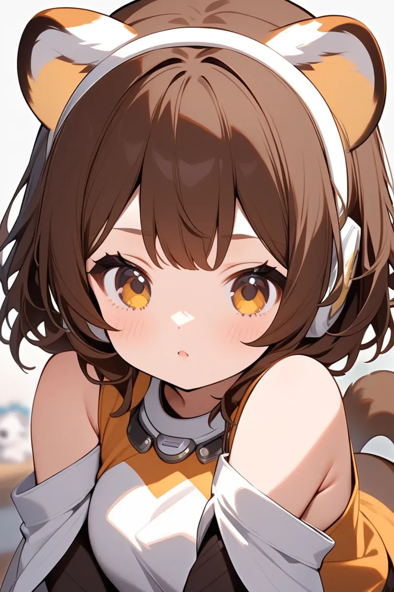 Dark brown hair　Tiger ears　white headset　cute