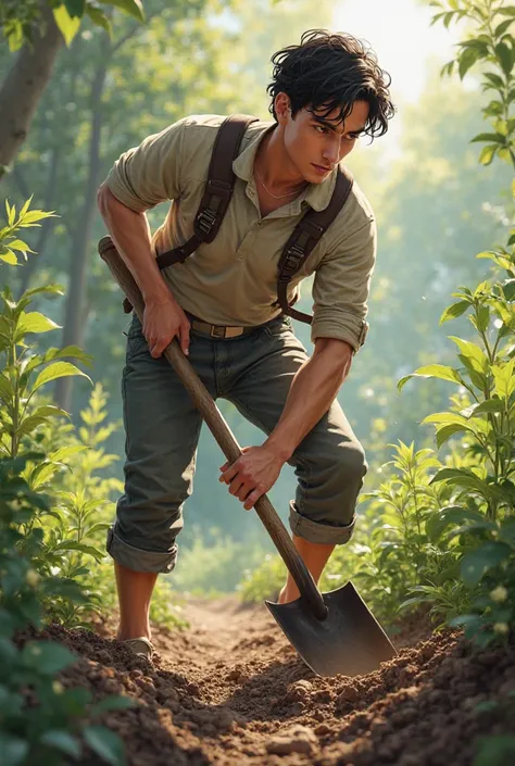 A young man stands shoveling soil with a shovel outside the garden