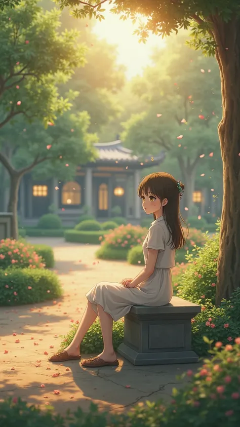 Anime Girl Alone, Falling in love. Sitting on a bench in a quiet garden.  smile on face. Realistic Images, with high details,  movie lights , 8K resolution, Looks to the Audience 