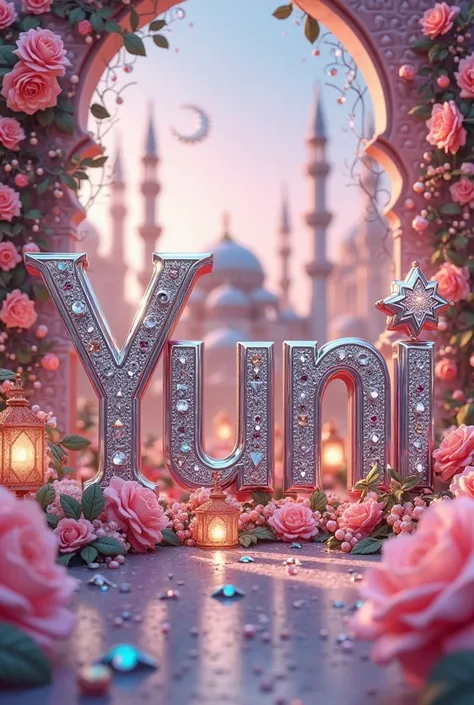 A stylized, decorative graphic design.  The name "Yuni" is prominent, written in large, ornate, silver-toned letters, embellished with sparkling diamond-like details. The letters are layered and textured, creating a three-dimensional effect.  The name is s...