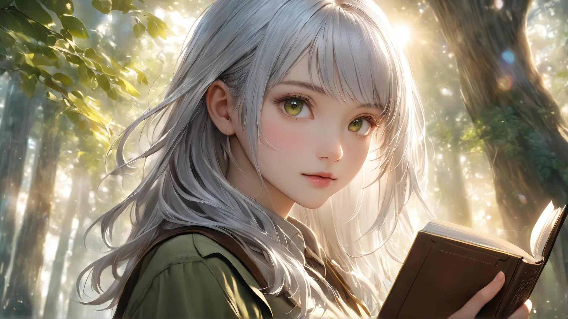 Hi-Res, 4K quality ,HDR, Ultra Fine Painting,PHOTOREALISTIC,bright colors,Bokeh Background,intelligent young neutral,Diversity,holding a book,Feminine look , Silver Hair,upper body,Giant Tree,Deep Green Forest , strong sunshine,realistic texture,Profession...