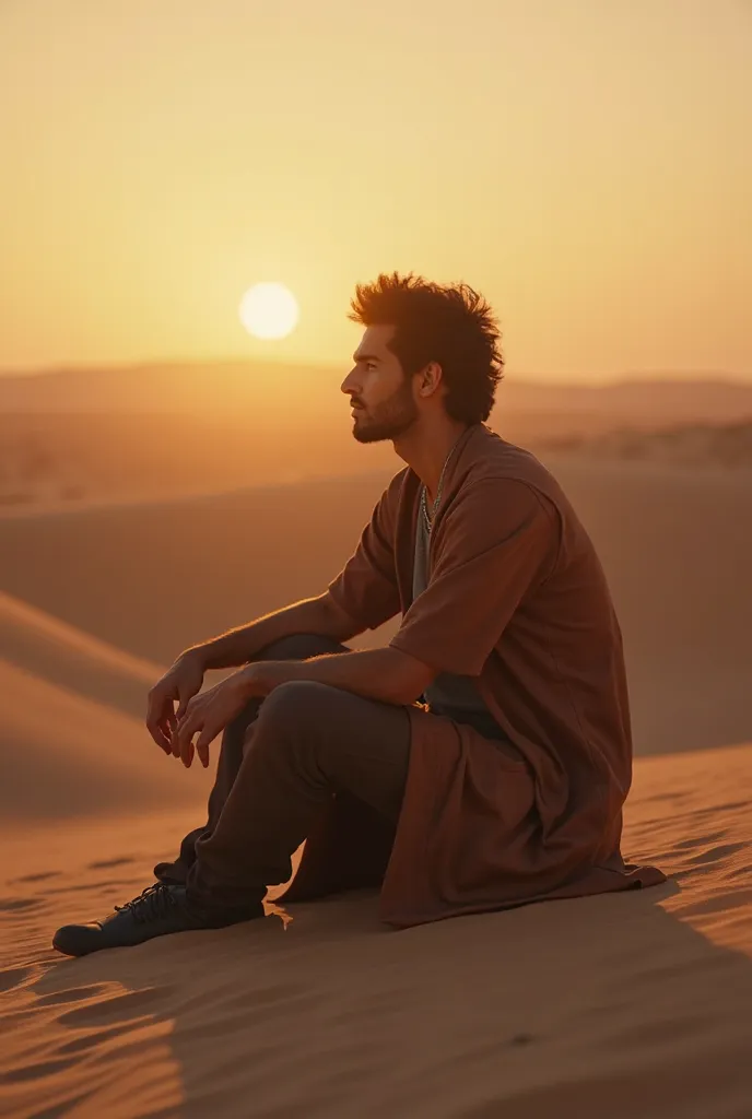 "Ezequiel is sitting on the sand, reflecting on what he just witnessed. The desert is calm, with the sun starting to set on the horizon. The golden light of dusk illuminates your face, highlighting his thoughtful expression.  the scene is ultra-realistic ,...