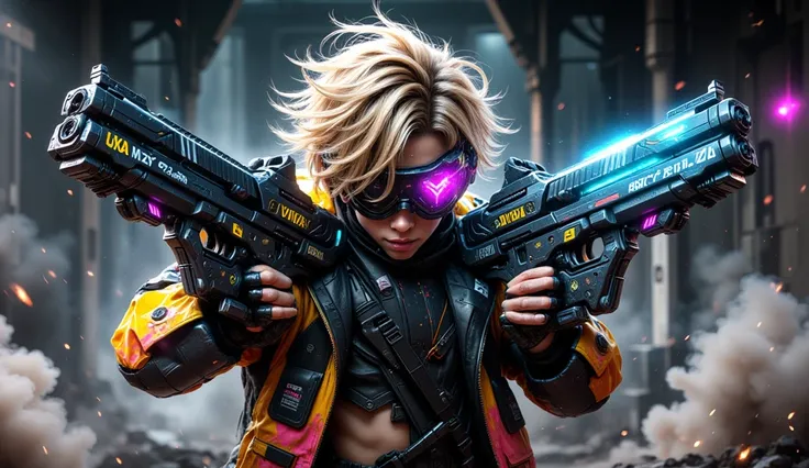 15-year-old blonde male with a slim and beautiful body (messy hair: 1.3) aiming with two cyber pistols, high-tech goggles with an electronic UI display, well-trained abdominal muscles, and a cyberpunk combat suit. Colorful cyberpunk jacket, (separate fists...