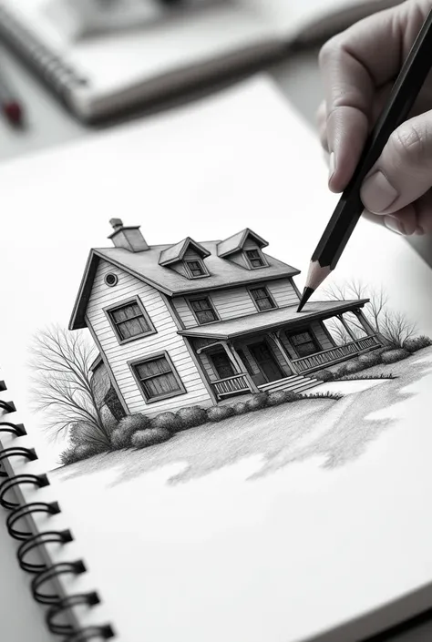 A  student has drawn their dream house with a black pencil in their school notebook.



