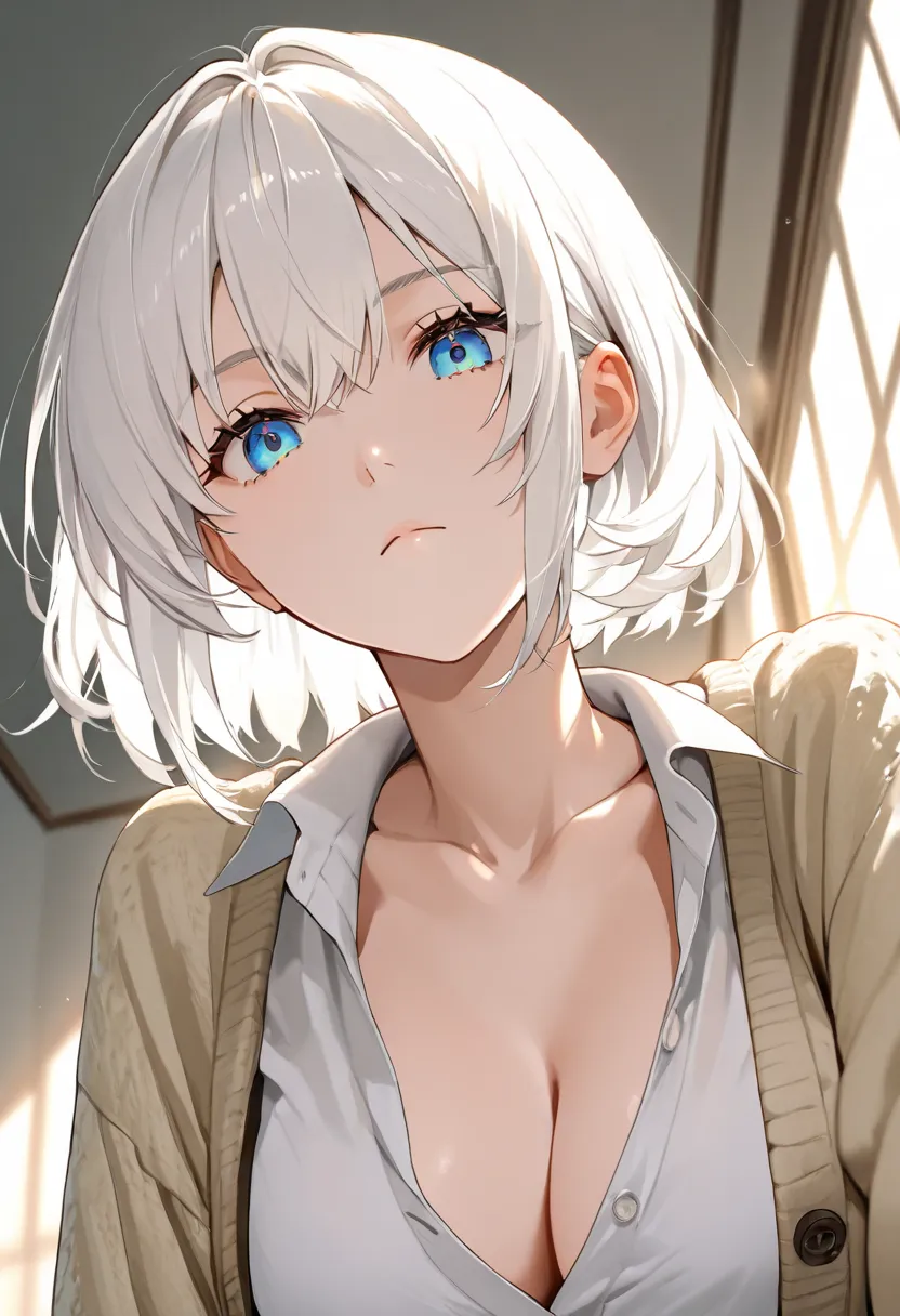  with white hair 、short hair、I'm wearing an oversized cardigan、white shirt、SMALLE BREASTS、Looking Down、 expressionless、low angle、beautiful eyes、 backlit、dark vibe