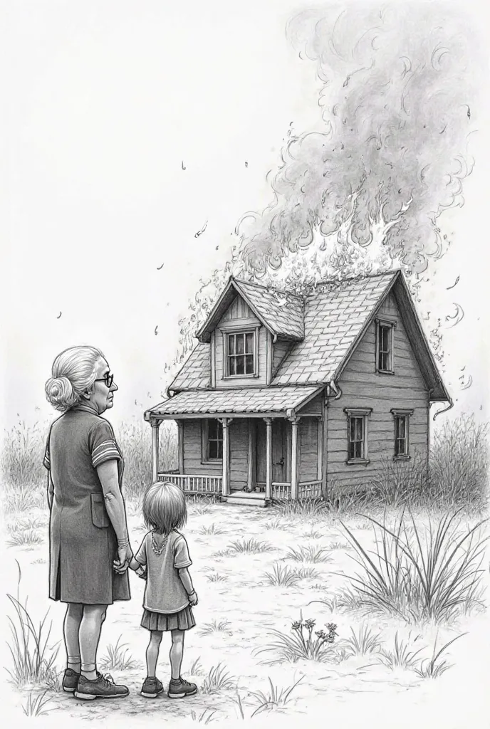 A house on fire with a girl watching and with her grandmother that the grandmother is fat, easy to draw and in pencil 