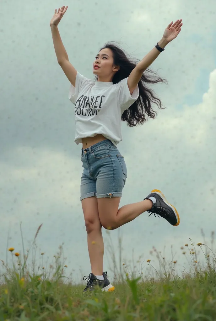 Hyperealist photo and masterpiece photography about a beautiful Indonesian woman,  with long black hair unravels , wear an oversize turtleneck T-shirt with the inscription "ANAKE SOLIKIN "wearing jeans shorts and basketball shoes, fly high above the grass ...