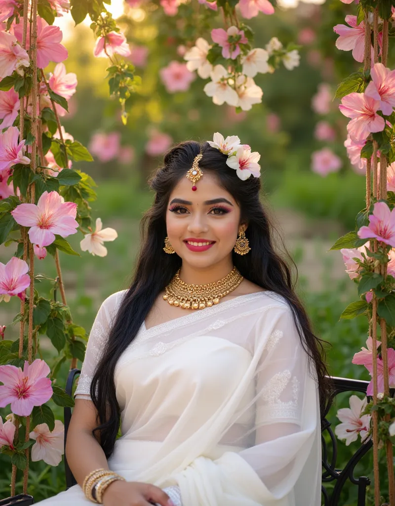 Photograph of a young South Asian woman with long black hair in a thick braid,hand on chin, posing for the photo,swinging on a floral swing,The swing is suspended between lush green trees, with cascading pink and white flowers framing her, cute smile, ador...