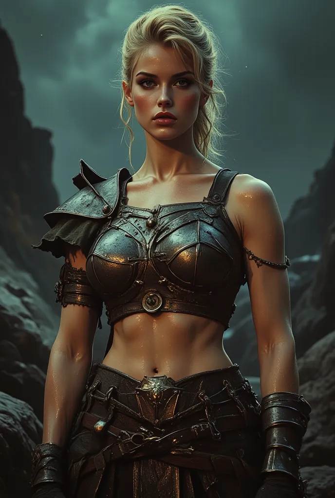 high-resolution, cinematic portrait that exudes strength, resilience, and heroism. The subject is a pale-skinned, androgynous Caucasian woman with a strikingly muscular physique. Her muscles are defined and veined, showcasing her physical power and enduran...