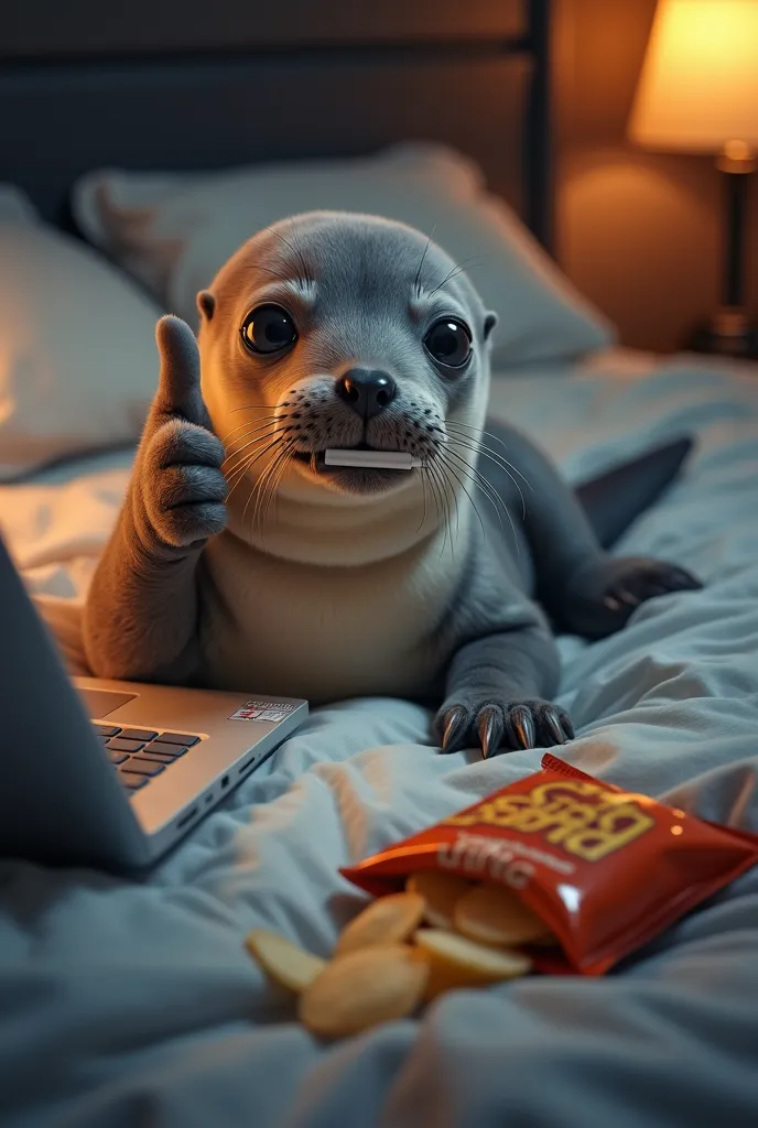 Generate an image of a sick seal lying in bed, showing a thumbs up with one of its flippers. It has a thermometer in its mouth, and the scene conveys a sense of humor and lightheartedness. Next to the bed, there’s a laptop open with a streaming platform sh...