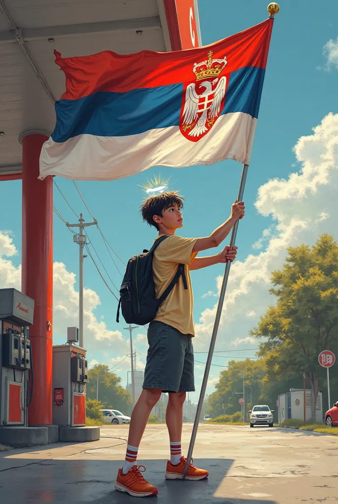 young student with backpack in sport-shoes carrying Serbian flag on a tall pole taking a piss at gas station, with aureole above his head 