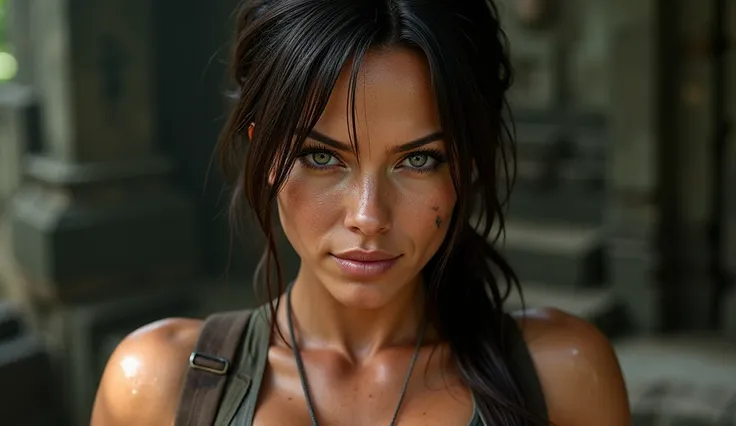 A stunning full close-up of Lara Croft, the iconic adventurer, in ultra-realistic detail. Her piercing, intense eyes stare forward with confidence and determination, framed by strands of her signature dark brown hair, slightly damp from the humid jungle. H...