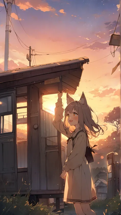 Stand at an abandoned bus stop in the countryside、  Look at Me and Laugh、 raise one hand、Showa Era Scenery、sunset、watercolor、 Girl with fox ears ,yellow fox ears ,solo,yellow eyes,stupid hair,braids,