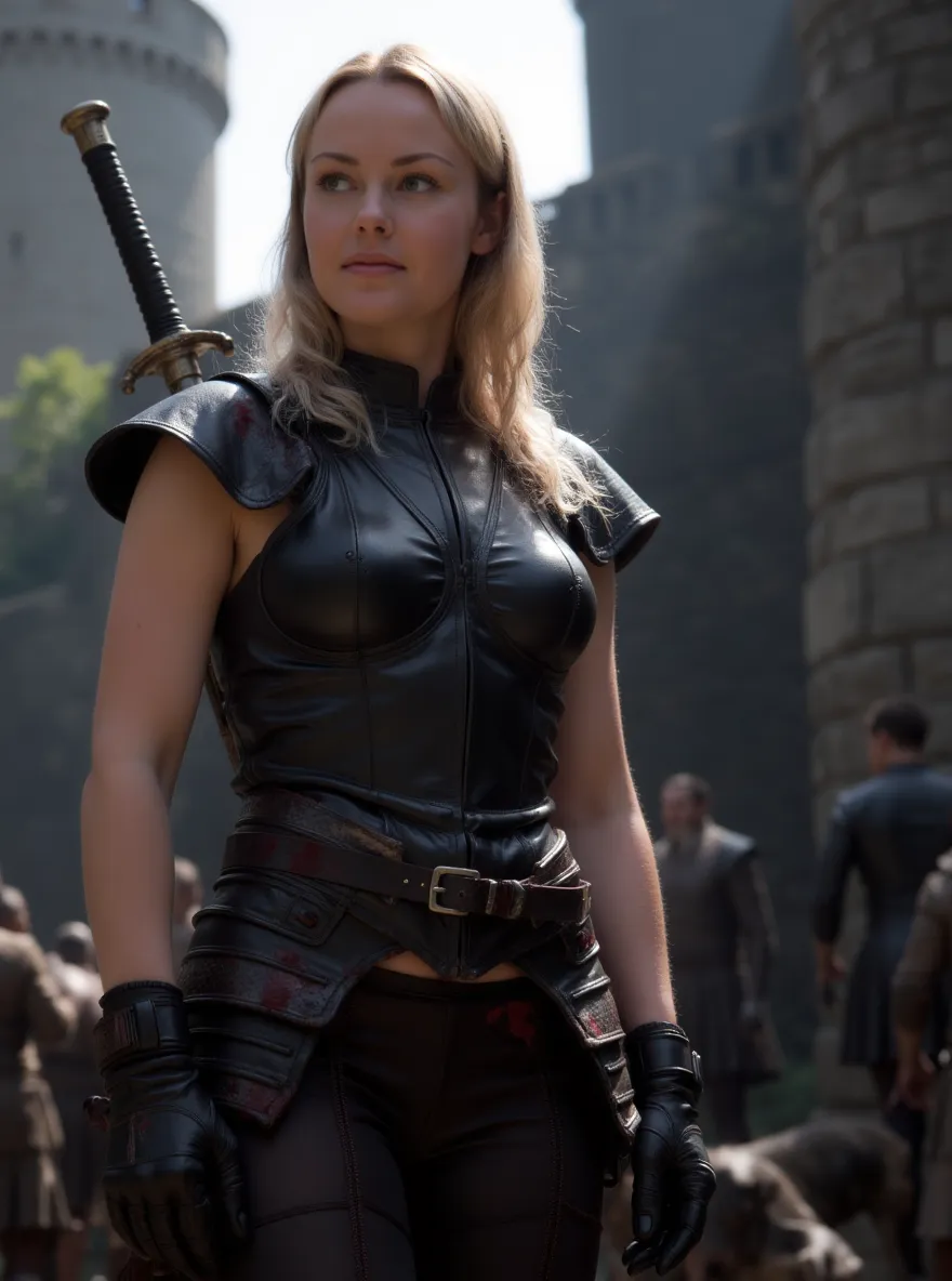 full bodyshot of m1r3ll3a woman, very young angry woman, strong, (((light blonde hair: 1.5),,standing  at a beautiful medival castle, natural lighting, high-resolution, wearing a very sexy leather armory, serious face expression, dark atmosphere, it is war...