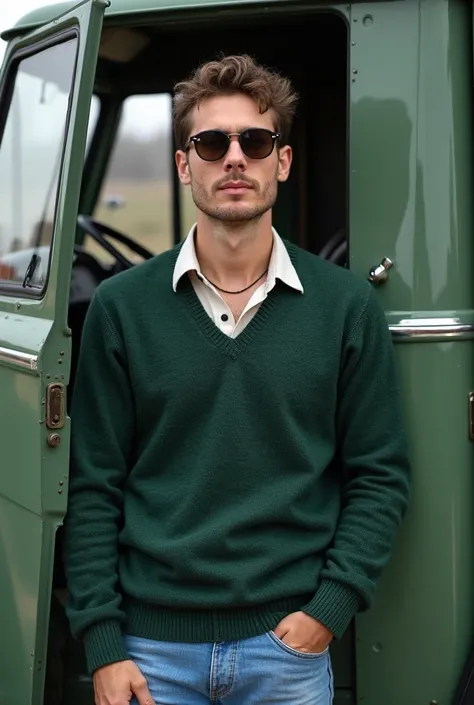 28-year-old man leaning against the open door of a very old Mercedes 1113 truck, the image must show the full photo of the truck taken 10 meters away of the person, and she must be looking at photo.
Wearing a V-neck knitted sweater plain knitted half knit,...