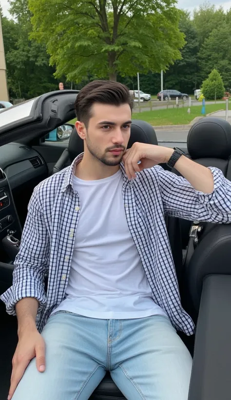 a handsome young turkish guy with muscle, dark very short hair fade middle parting and goatee beard  he wearing a longe sleeved white black checked shirt and a white tshirt  and a light loose jeans he is in a cabrio car with black seats amateur photo rando...