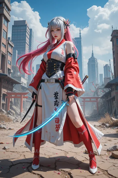 A breathtakingly beautiful shrine maiden warrior stands alone in a vast wasteland, the ruins of a once-great cyberpunk city crumbling behind her. She embodies the fusion of a sacred miko, a stealthy ninja, and an advanced cybernetic warrior. Her long, uniq...