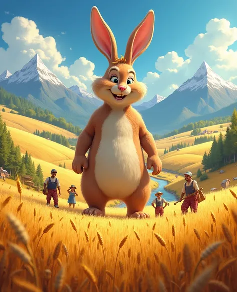 golden wheat fields，Harvest of wheat，Toil farmers，mountain peaks，rios，Village, Reap theme，colorfull background, Cartoon style, Disney style Mega Rabbit 