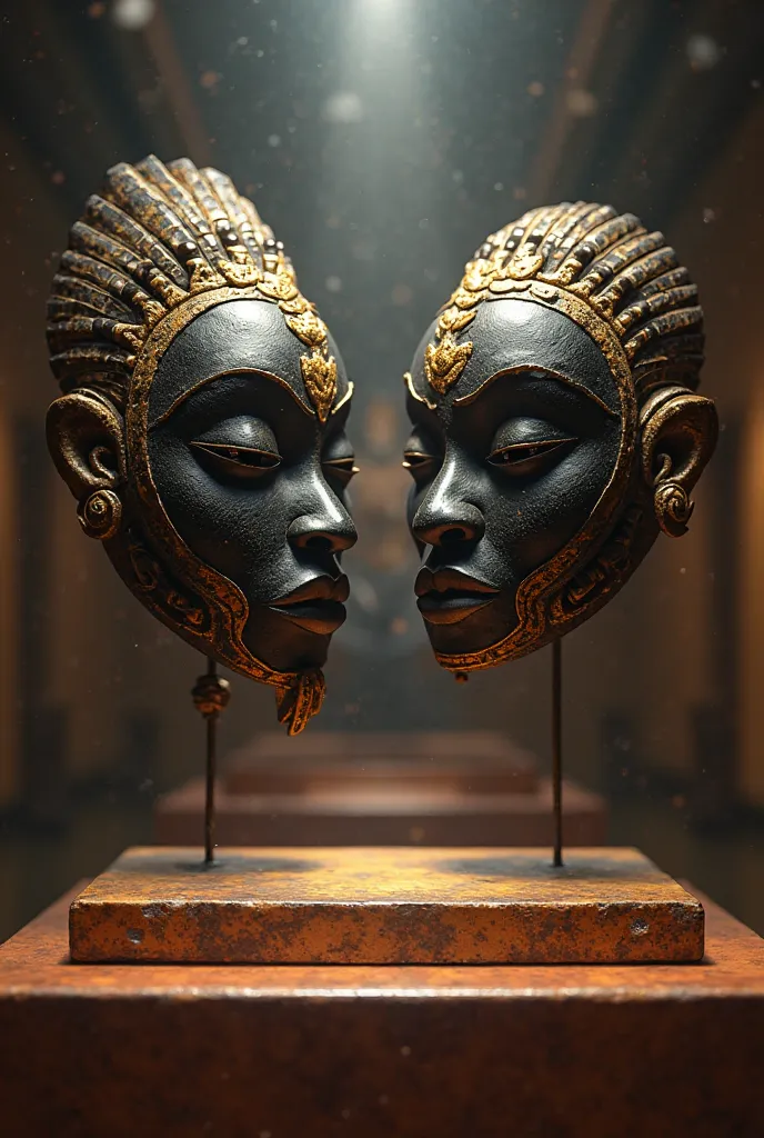 Yoruba mask pair. Two artistic, black and gold masks with intricate carvings float above a museum altar, surrounded by mystical light.