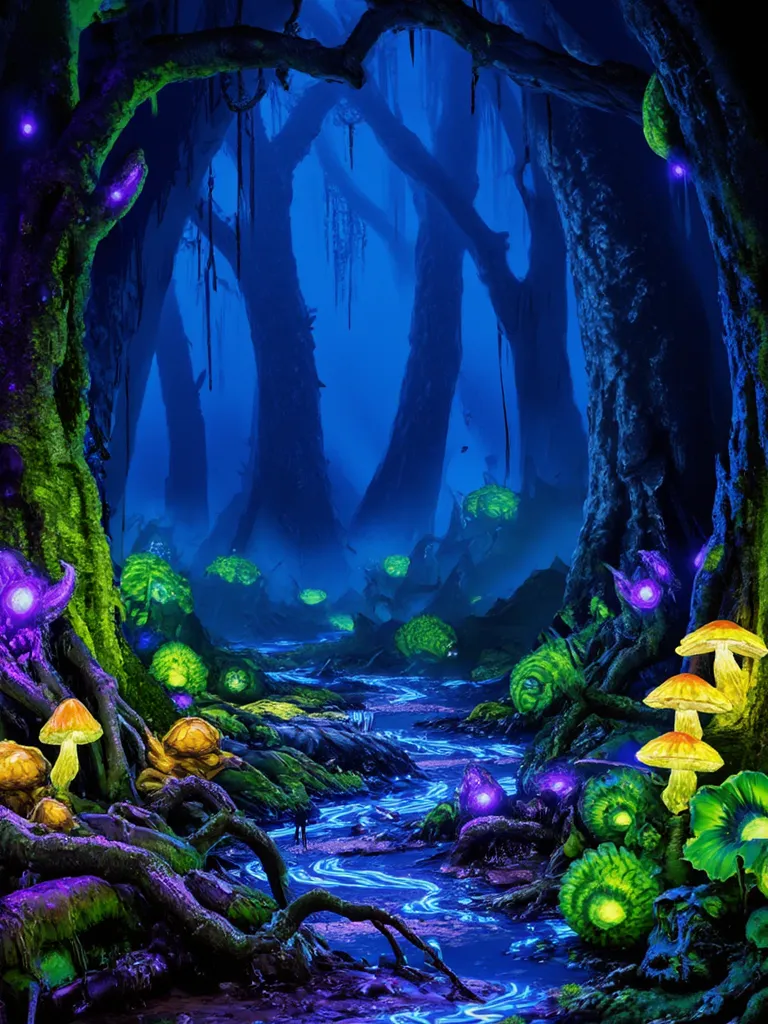 Mystic Forest with Bioluminescent Flora.
A dense forest filled with vibrant bioluminescent plants and trees. The flora emits a soft, radiant glow in shades of blue, green, and purple, casting an otherworldly light on the surrounding area. The forest is ali...