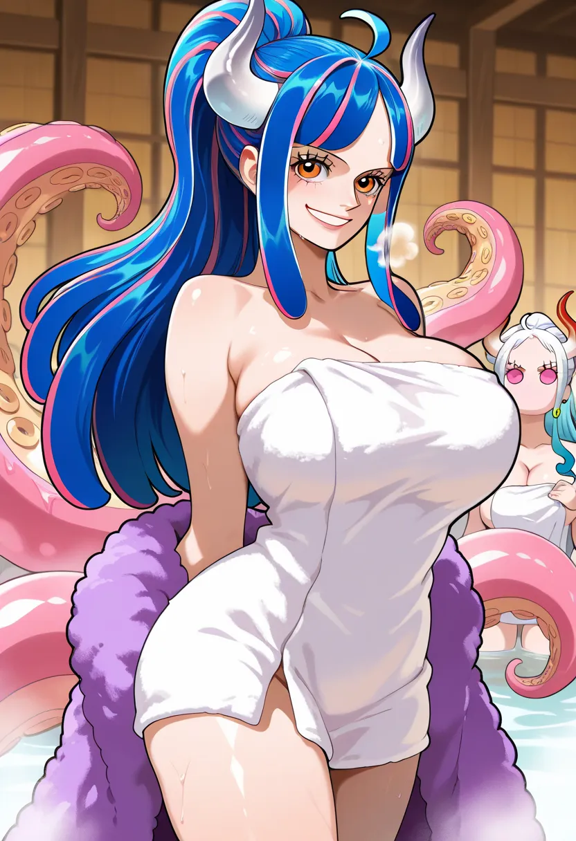 masterpiece, best quality, amazing quality, 2girl, (Ulti, one piece, pink eyes, blue hair, no mouth, white horn), (Yamato, one piece, orange eyes, white hair), white towel, very happy smile, cowboy shot, simple background, medium size boobs , golden ratio ...