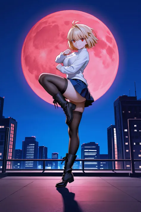 (score_9, score_8_up, score_7_up), source_anime, absurd_res, white, blue, black, 1girl, solo, super fine illustration, an extremely delicate and beautiful, best quality, masterpiece, 8K, Arcueid Brunestud, Tsukihime, vibrant blonde hair, short bob, ahoge, ...