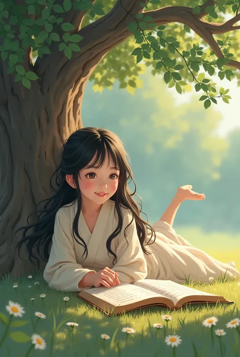 Image of a age girl lying under the shade of a tree while reading the Bible. age girls have Japanese-like eyes, long wavy hair. She lies on her stomach while reading the Bible and smiles in wonder