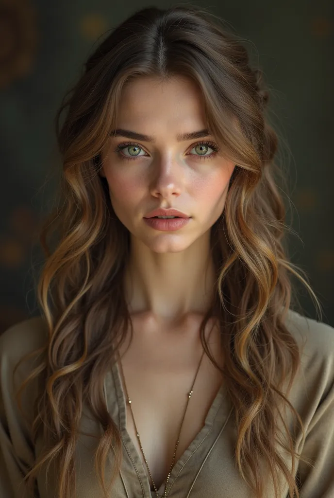 woman aged approximately 28 years, green eyes, long hair, Light and curly dressed in formal clothes in earthy tones. gorda