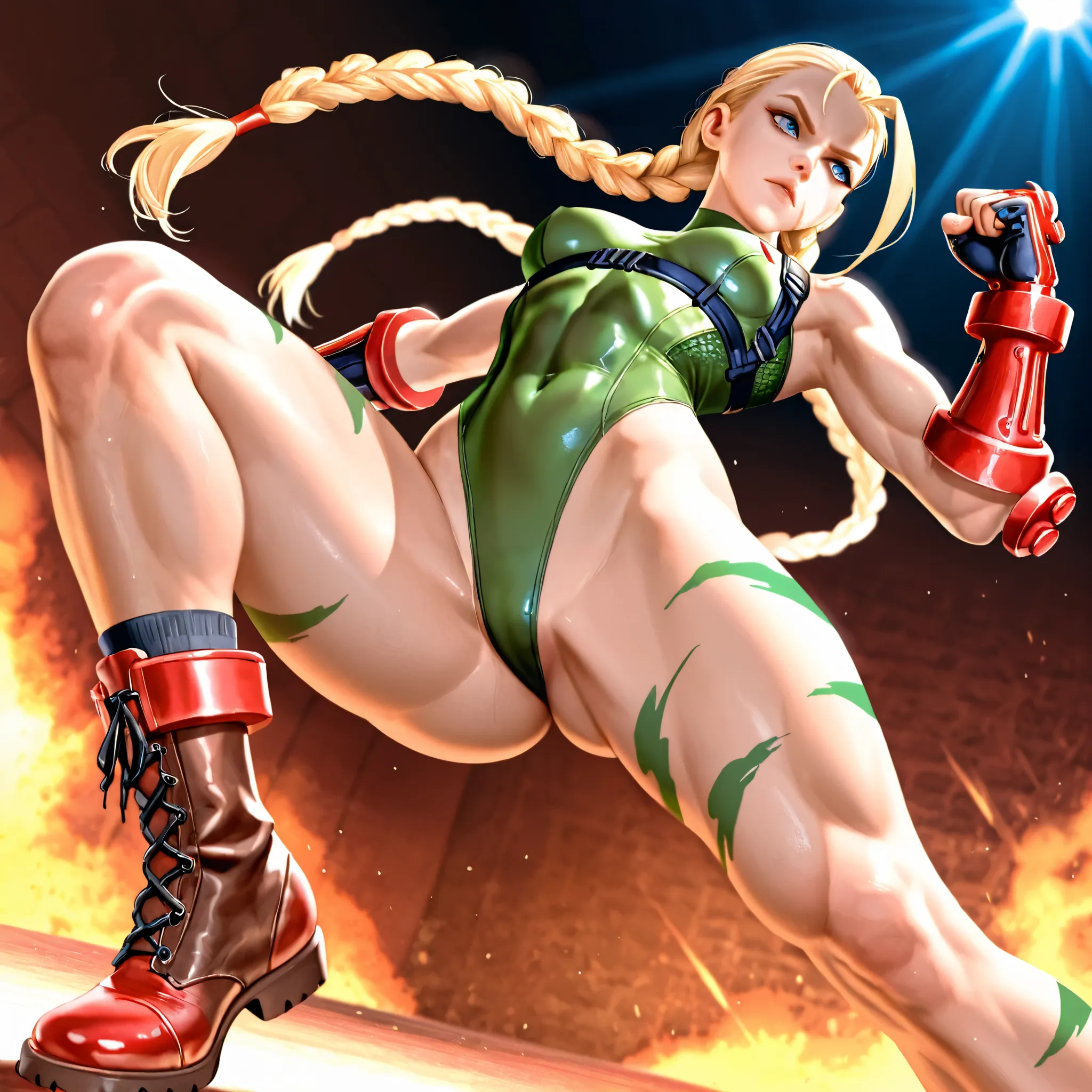 cammy white; full body; battle; ; Bimbo; small fake boobs; big fake butt; braided pigtails; green leotard; shiny skin; battle background; slim body; very thin waist; thick legs; long legs; muscle legs