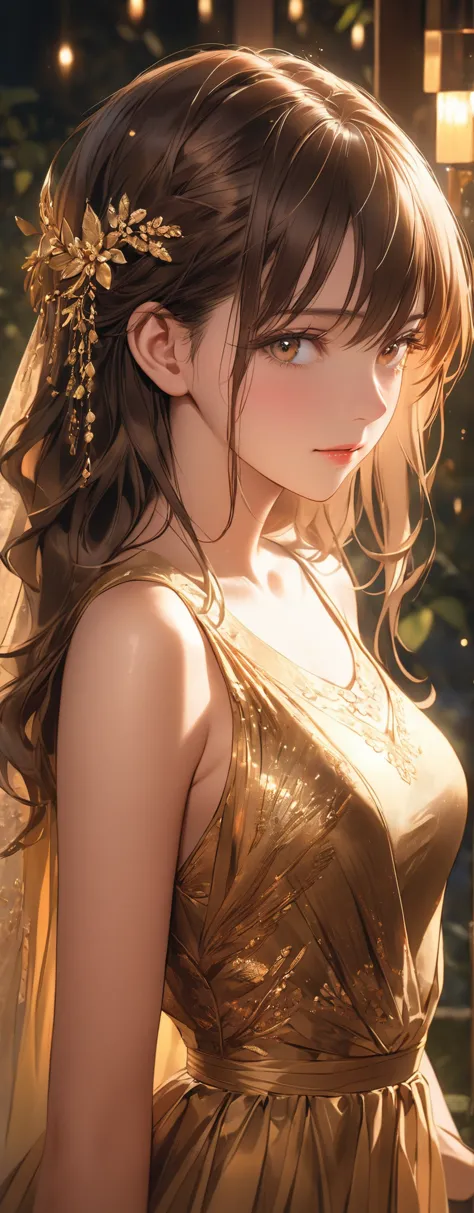  straight hair 、brown hair,((highly detailed golden sexy dress)), Good physique , (beautiful girl: 1.3),1 girl,Best Quality,8k,Highly Detailed CG Unit Wallpaper,masterpiece:1.2,Best Quality, Ultra High Resolution ,RAW photo,realistic textured skin,Cinema L...