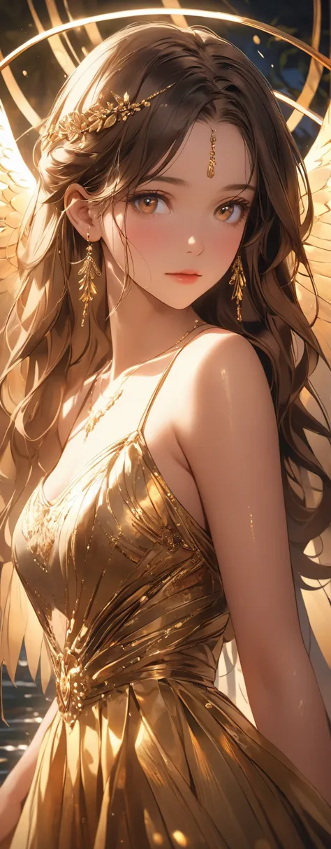  straight hair 、brown hair,((highly detailed golden sexy dress)), Good physique , (beautiful girl: 1.3),1 girl,Best Quality,8k,Highly Detailed CG Unit Wallpaper,masterpiece:1.2,Best Quality, Ultra High Resolution ,RAW photo,realistic textured skin,Cinema L...