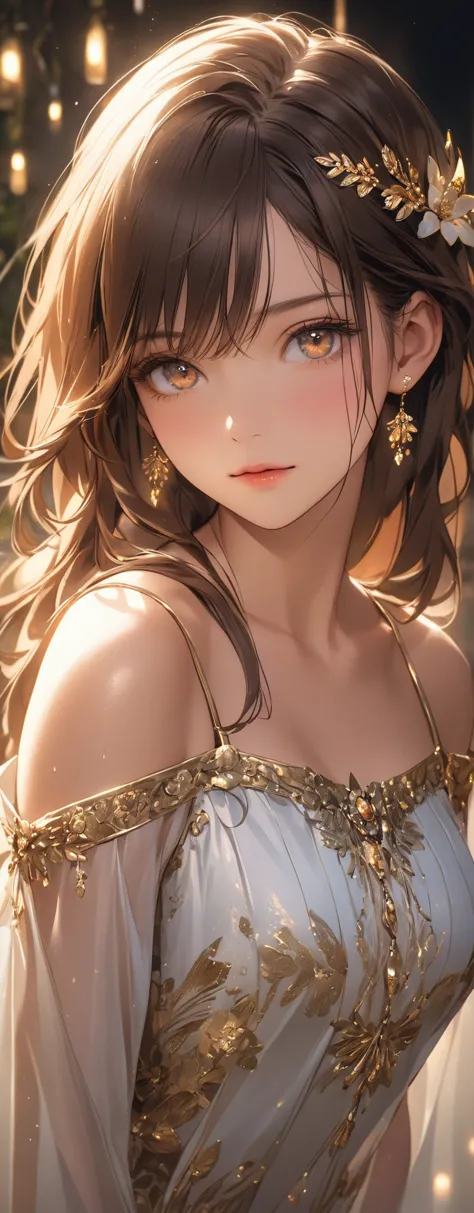  straight hair 、brown hair,((highly detailed golden sexy dress)), Good physique , (beautiful girl: 1.3),1 girl,Best Quality,8k,Highly Detailed CG Unit Wallpaper,masterpiece:1.2,Best Quality, Ultra High Resolution ,RAW photo,realistic textured skin,Cinema L...