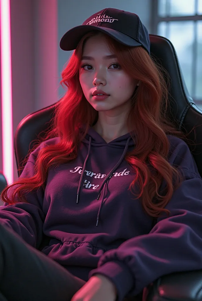 A beautiful curvaceous white Korean woman, long red wavy hair, sitting on a gaming chair wearing a dark purple polite hoddie while wearing a ball cap with a name on the hoddie " CUM HERE"