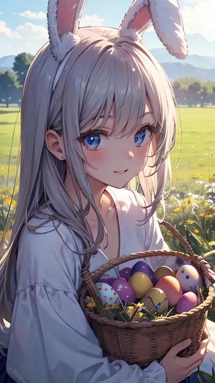 An anime girl in an Easter bunny costume sitting on a meadow and far in front of her there is an Easter basket with broken eggs and chocolate spread out on the meadow