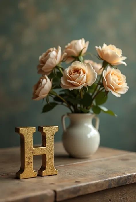 ultra realistic photo album photo of faded roses with the initial "H" in gold letter, on top of an office desk