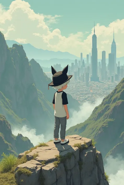 Boy in a black hat with cat ears white hair white t-shirt with black sleeves gray pants and white shoes on top of a mountain watching a city imajen style of the year 1970