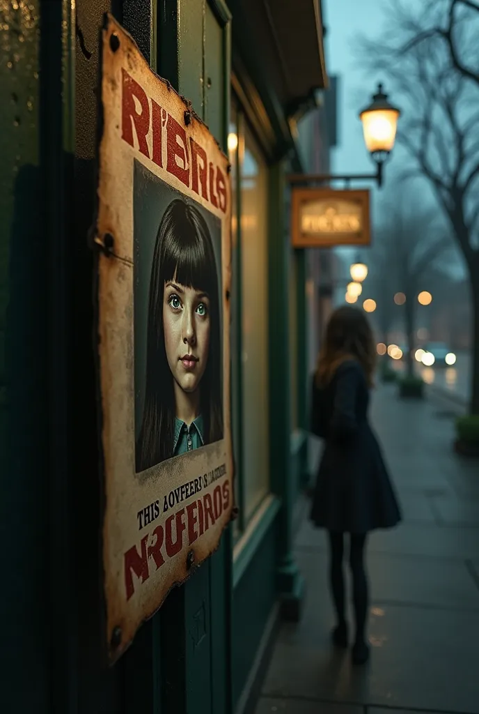 In the foreground is a missing person poster on a telephone pole that says "Chasing Shadows". It is a young girl with dark brown hair and green eyes. In the background but in the distance, the girl is standing in front of a cafe with the words "O'Lowrey's"...