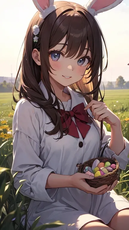 An anime girl in an Easter bunny costume sitting on a meadow and far in front of her there is an Easter basket with broken eggs and chocolate spread out on the meadow