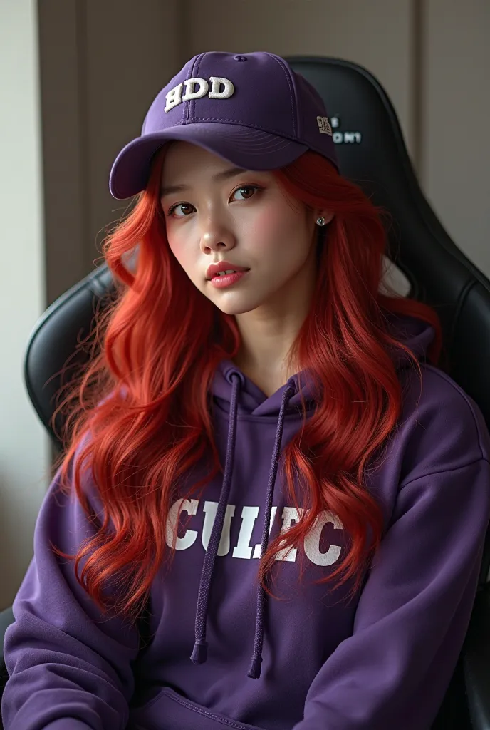 A beautiful curvaceous white Korean woman, long red wavy hair, sitting on a gaming chair wearing a dark purple polite hoddie while wearing a ball cap with a name on the hoddie " CUM HERE"